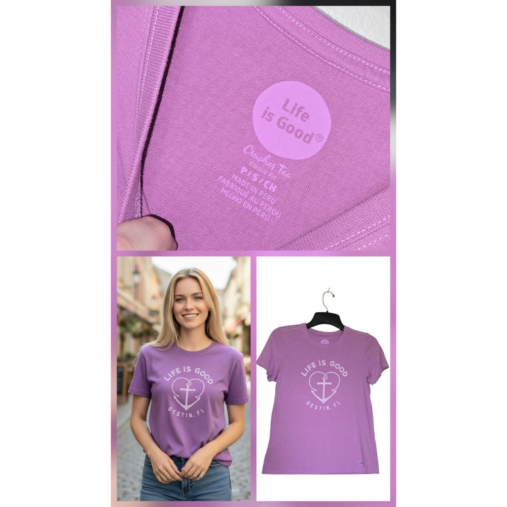 Life Is Good Woman's Crusher Shirt " Destin Florida Anchor Heart " Size S Cross